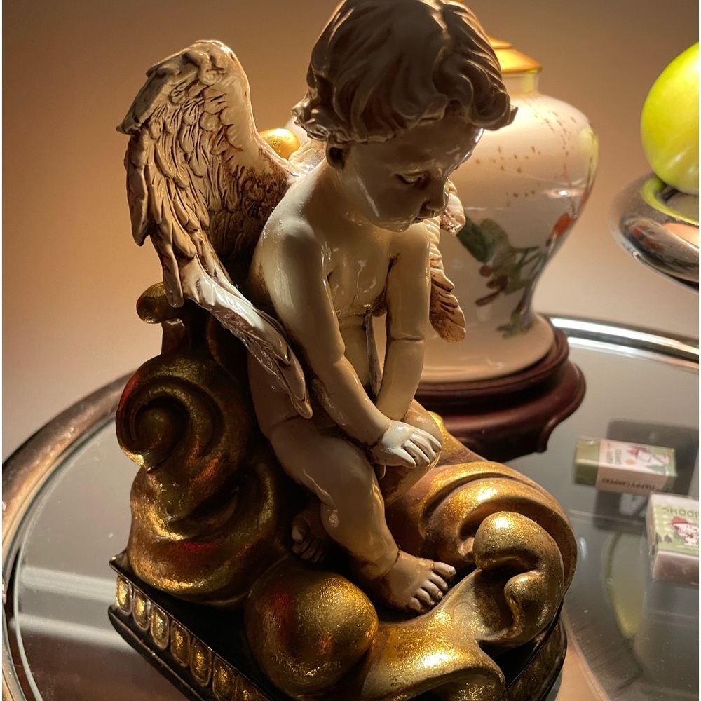 bookend plaster very detailed cherub, gold leaf base, 8x5x4”, can be used as art